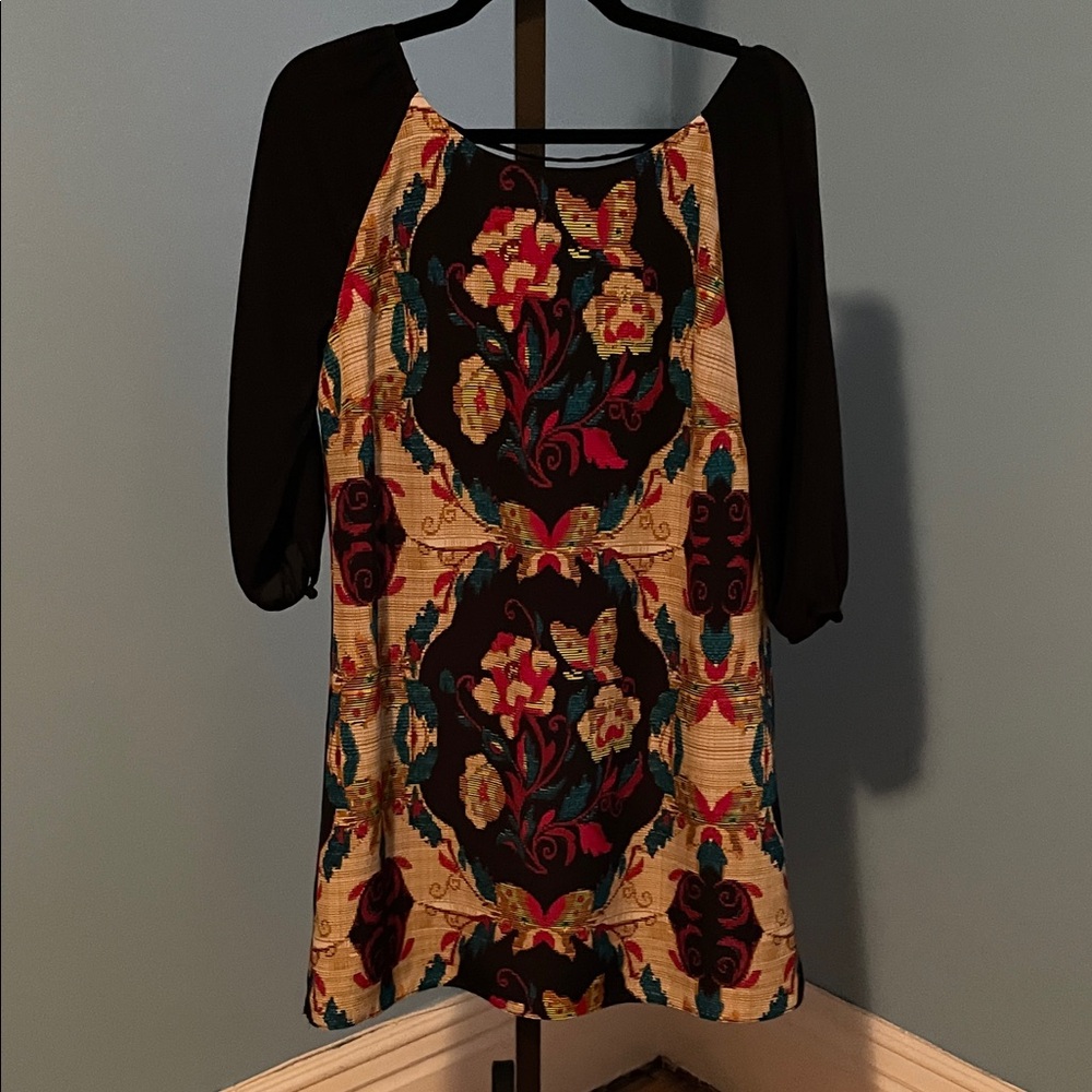 Anthropologie Maeve Multicolor Floral Dress with Black Sleeves and Low Back